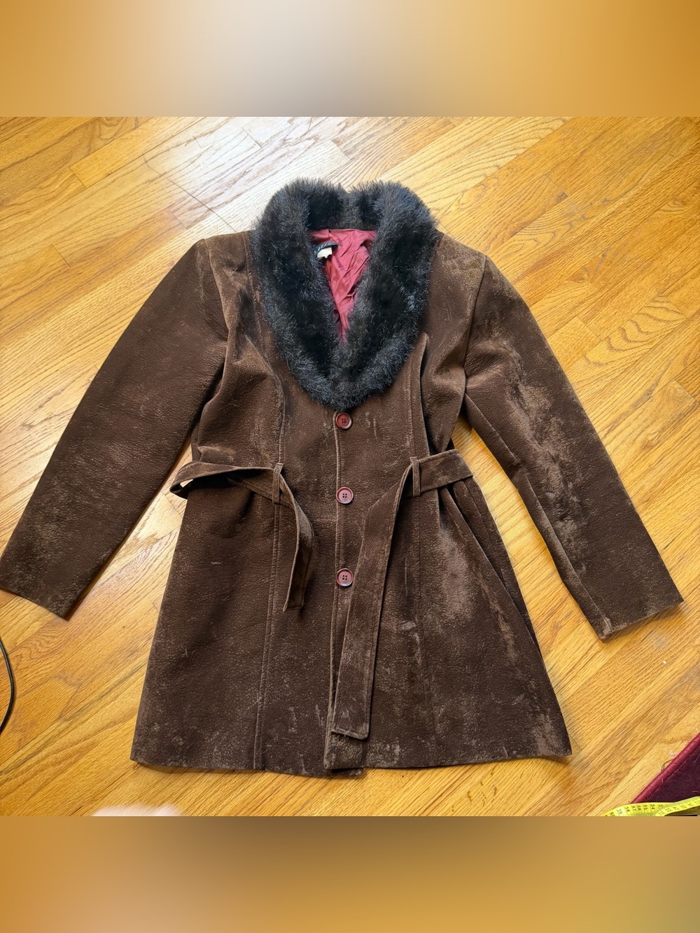 Vintage 1970s / 1980s suede coat with faux fur collar and belt